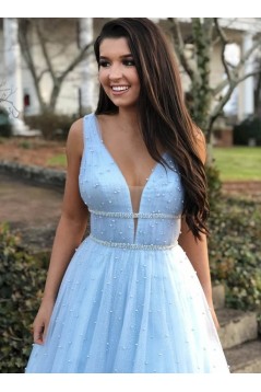 A-Line Beaded V-Neck Long Prom Dresses Formal Evening Gowns 6011000