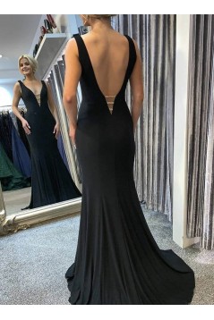 Mermaid Long Black V-Neck Prom Dresses Formal Evening Gowns 6011004