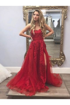 Long Red Beaded Lace Appliques Prom Dresses Formal Evening Gowns 6011009