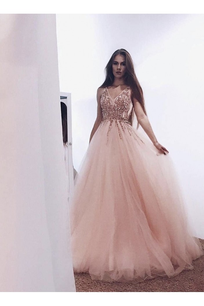 A-Line Beaded Tulle Long Prom Dresses Formal Evening Gowns 6011010