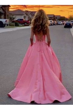 A-Line Long Satin V-Neck Prom Dresses Formal Evening Gowns 6011013