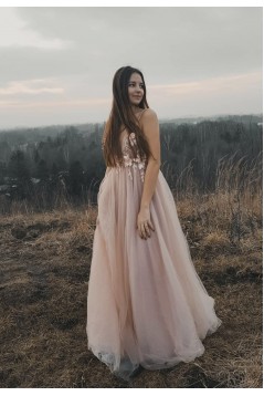 A-Line Tulle V-Neck Long Prom Dresses Formal Evening Gowns 6011018