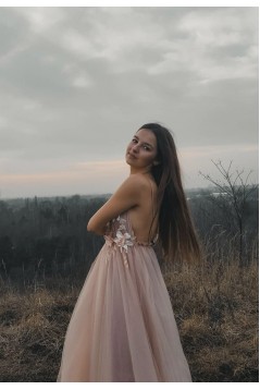 A-Line Tulle V-Neck Long Prom Dresses Formal Evening Gowns 6011018