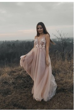 A-Line Tulle V-Neck Long Prom Dresses Formal Evening Gowns 6011018