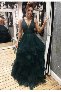 A-Line Tulle V-Neck Long Prom Dresses Formal Evening Gowns 6011022