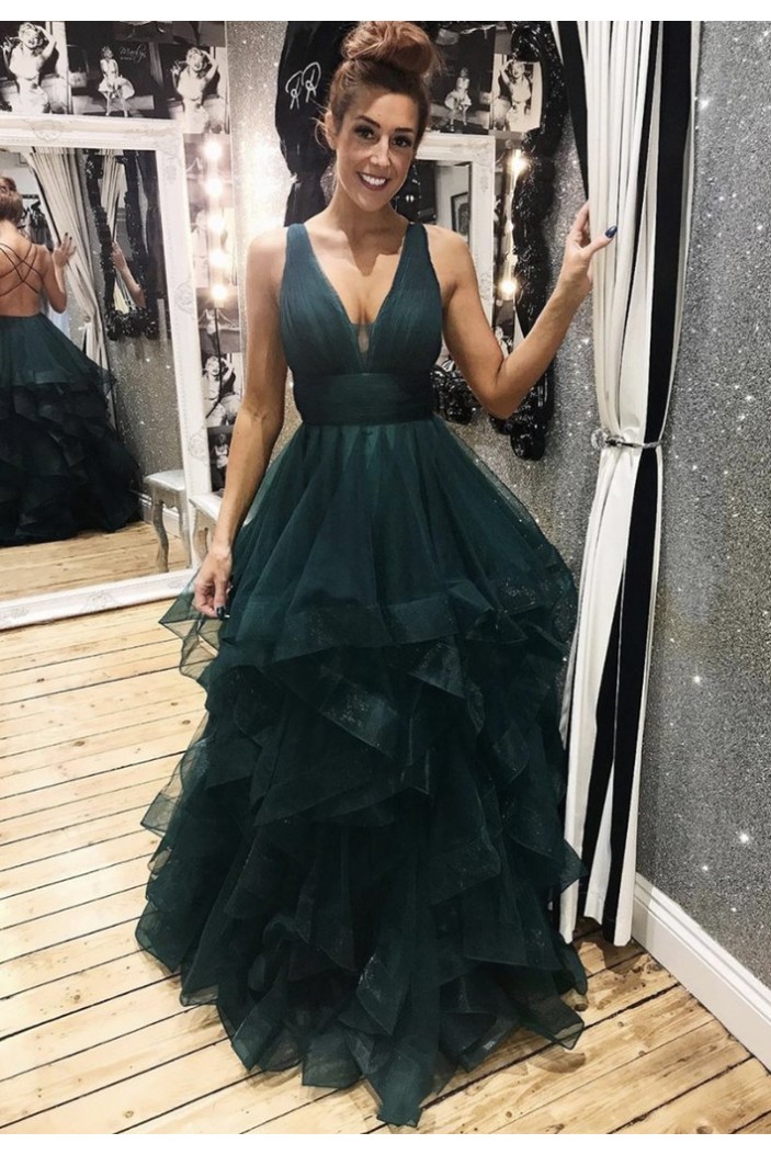 A-Line Tulle V-Neck Long Prom Dresses Formal Evening Gowns 6011022