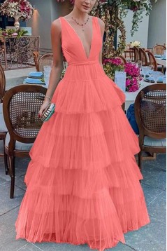 A-Line Tulle V-Neck Long Prom Dresses Formal Evening Gowns 6011025