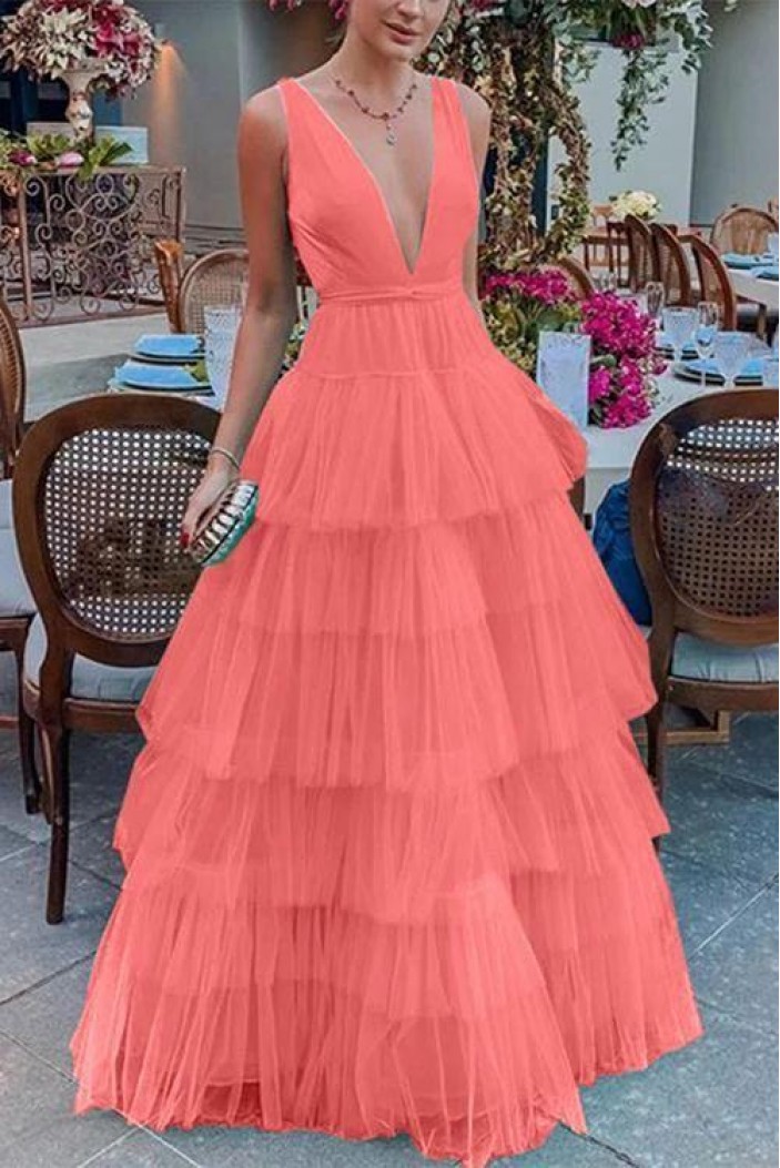 A-Line Tulle V-Neck Long Prom Dresses Formal Evening Gowns 6011025