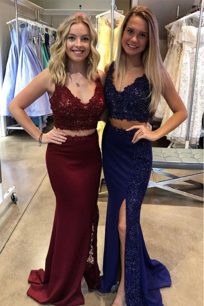 Mermaid Beaded Lace Two Pieces Long Prom Dresses Formal Evening Gowns 6011030
