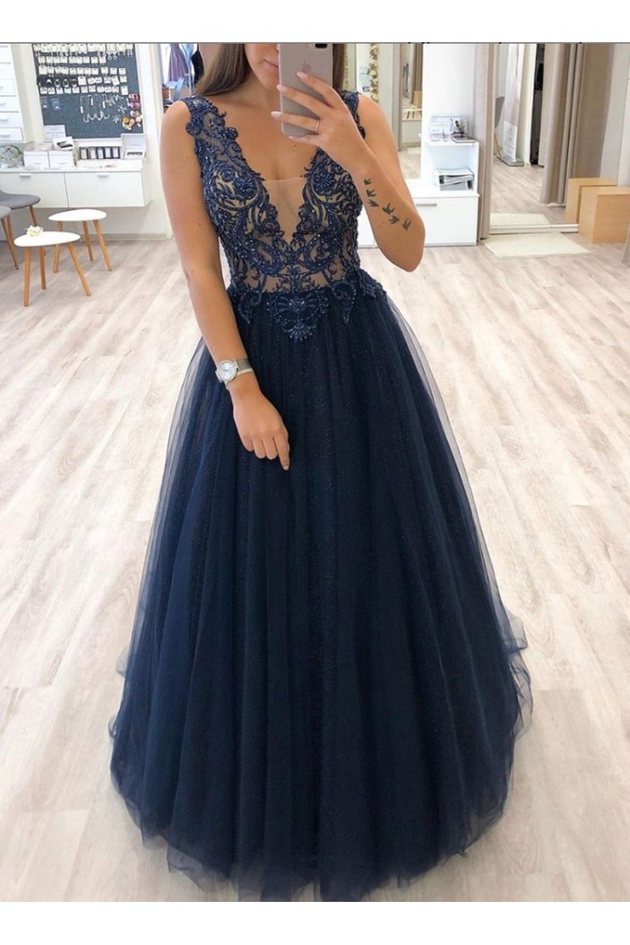 A-Line Beaded Lace Tulle Long Prom Dresses Formal Evening Gowns 6011050
