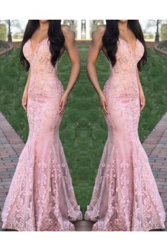 Mermaid Lace V-Neck Long Prom Dresses Formal Evening Gowns 6011074