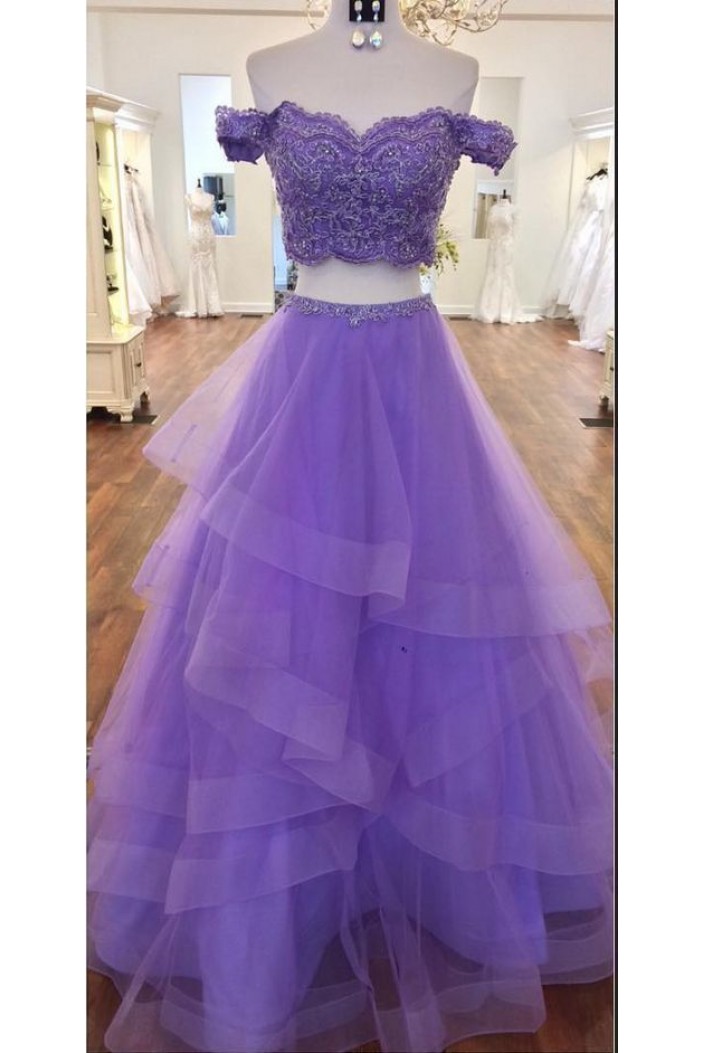 A-Line Beaded Lace Tulle Two Pieces Long Prom Dresses Formal Evening Gowns 6011080