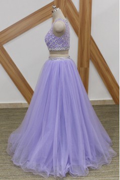 A-Line Beaded Tulle Two Pieces Long Prom Dresses Formal Evening Gowns 6011081