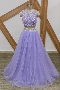 A-Line Beaded Tulle Two Pieces Long Prom Dresses Formal Evening Gowns 6011081