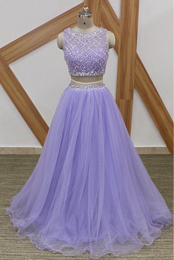 A-Line Beaded Tulle Two Pieces Long Prom Dresses Formal Evening Gowns 6011081