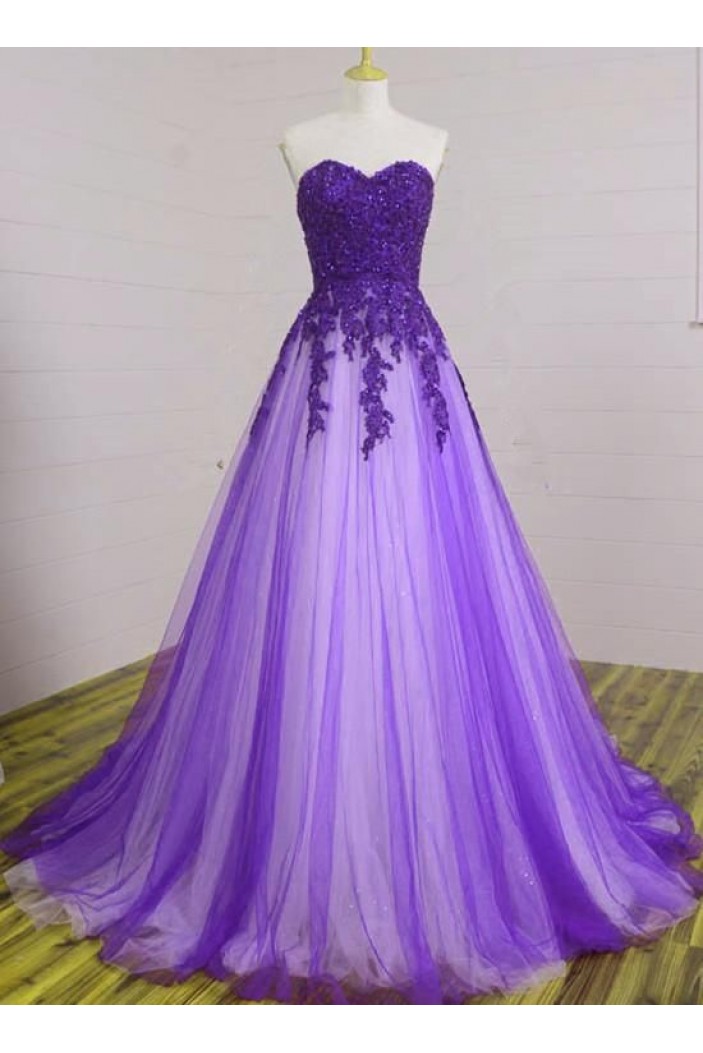 A-Line Beaded Lace Tulle Long Prom Dresses Formal Evening Gowns 6011083