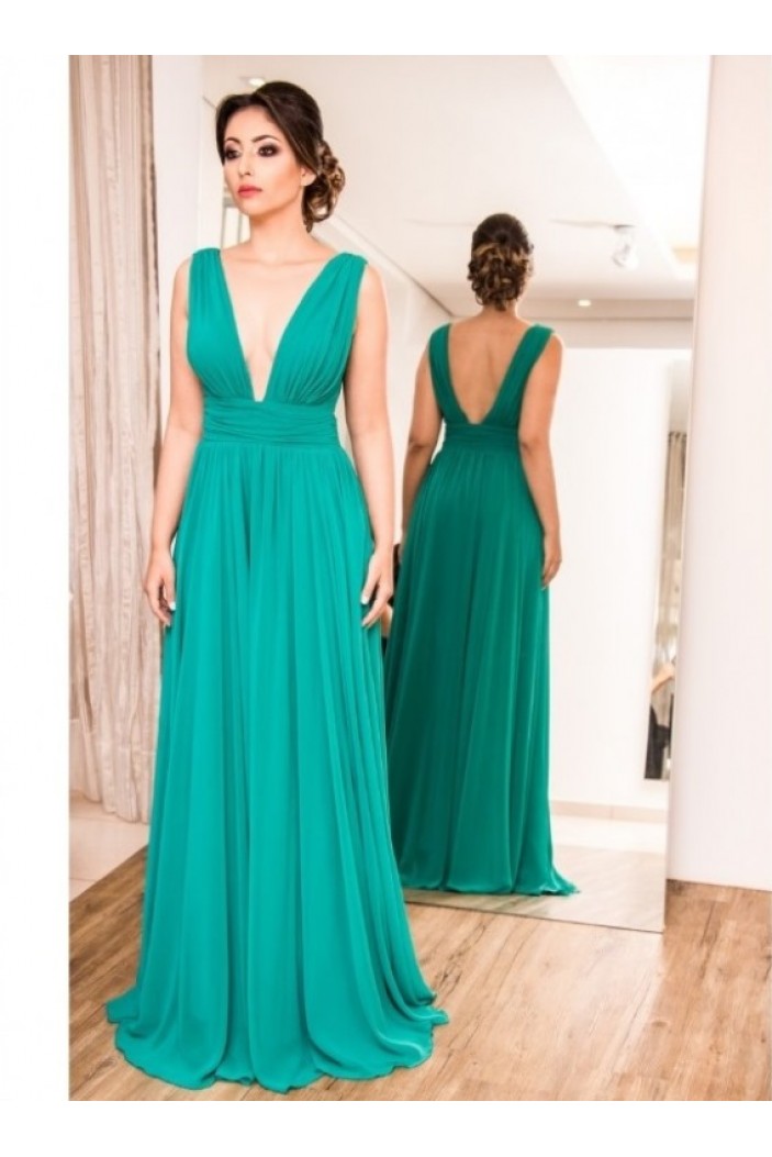 A-Line Chiffon V-Neck Long Formal Evening Dresses Wedding Party Gowns 6011115
