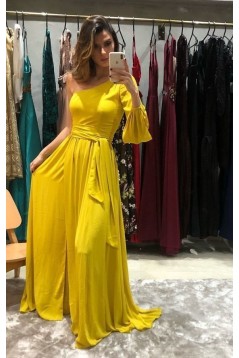 A-Line One Sleeves Long Prom Dresses Formal Evening Gowns 6011124