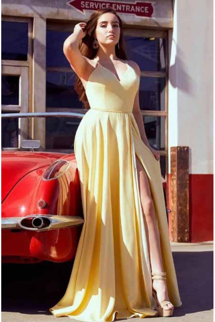 A-Line Simple V-Neck Long Prom Dresses Formal Evening Gowns 6011177