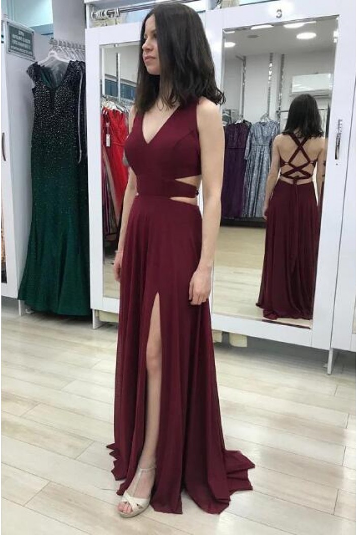 A-Line Chiffon V-Neck Long Prom Dresses Formal Evening Gowns 6011212