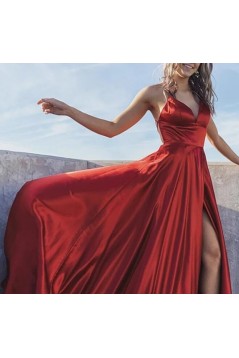 A-Line V-Neck Satin Long Prom Dresses Formal Evening Gowns 6011245