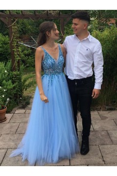 A-Line Beaded Tulle V-Neck Long Prom Dresses Formal Evening Gowns 6011248