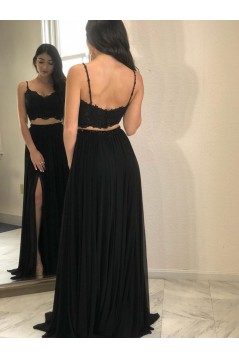 A-Line Two Pieces Long Black Prom Dresses Formal Evening Gowns 6011262