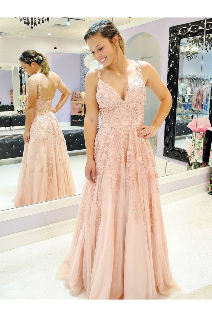 A-Line Lace V-Neck Long Prom Dresses Formal Evening Gowns 6011265