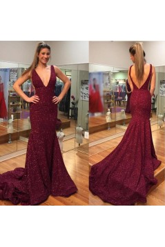 Mermaid V-Neck Sparkle Long Prom Dresses Formal Evening Gowns 6011279