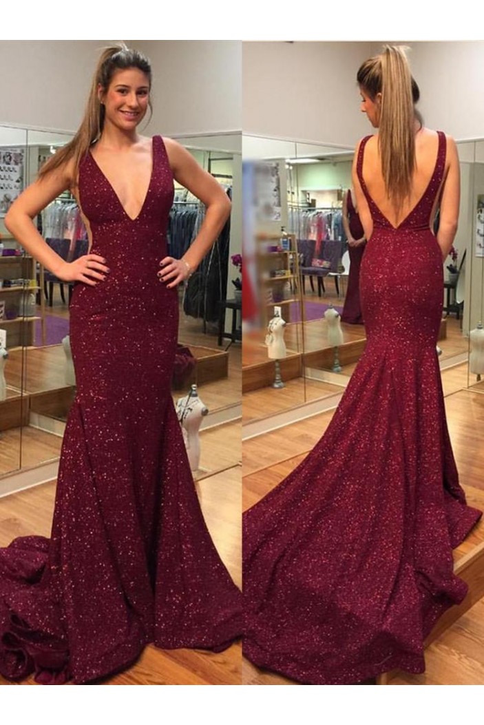 Mermaid V-Neck Sparkle Long Prom Dresses Formal Evening Gowns 6011279