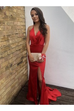 Mermaid Long Red V-Neck Prom Dresses Formal Evening Gowns 6011305