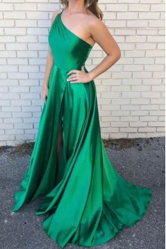 A-Line Beaded One-Shoulder Long Green Prom Dresses Formal Evening Gowns 6011315