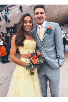 Two Pieces Lace Appliques Long Yellow Prom Dresses Formal Evening Gowns 6011318