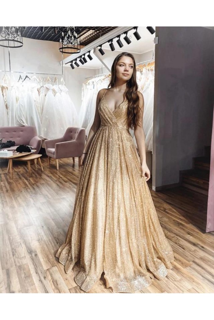 A-Line Sparkle V-Neck Long Prom Dresses Formal Evening Gowns 6011338