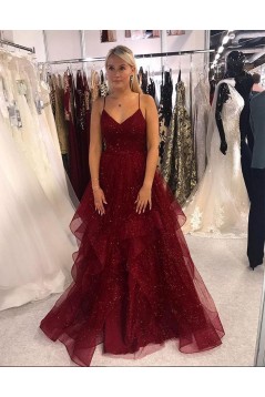 A-Line Sequins Tulle V-Neck Long Prom Dresses Formal Evening Gowns 6011366