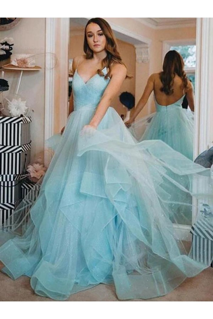 A-Line Sequins Tulle V-Neck Long Prom Dresses Formal Evening Gowns 6011366