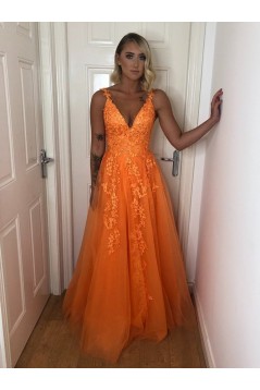 A-Line Beaded Lace Tulle Long Prom Dresses Formal Evening Gowns 6011367
