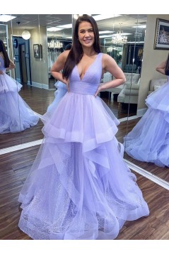A-Line Tulle V-Neck Long Prom Dresses Formal Evening Gowns 6011401