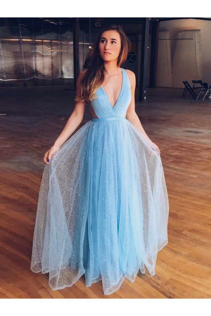 A-Line Sequins Tulle Long Prom Dresses Formal Evening Gowns 6011402