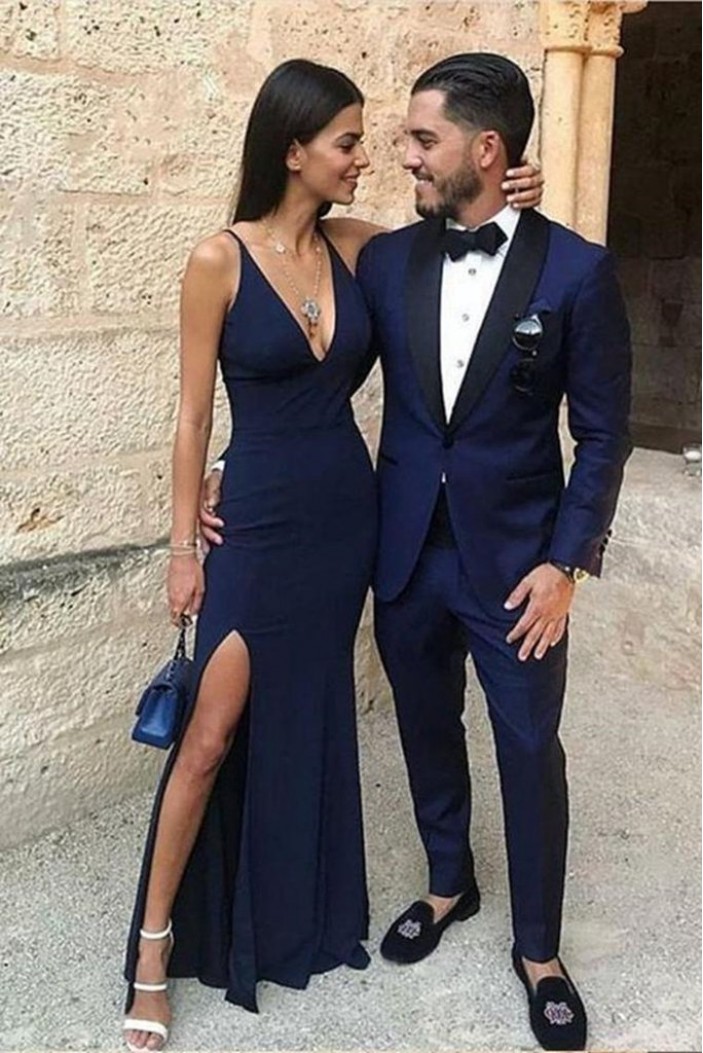 Long Navy Blue V-Neck Prom Dresses Formal Evening Gowns 6011423