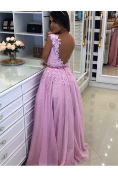 A-Line Beaded Lace Long Tulle Prom Dresses Formal Evening Gowns 6011449