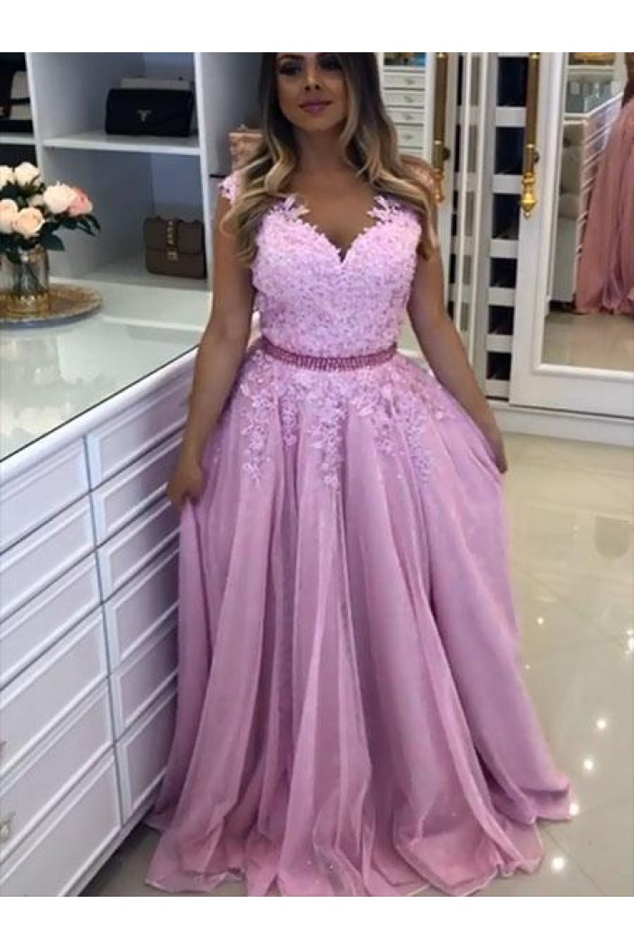 A-Line Beaded Lace Long Tulle Prom Dresses Formal Evening Gowns 6011449