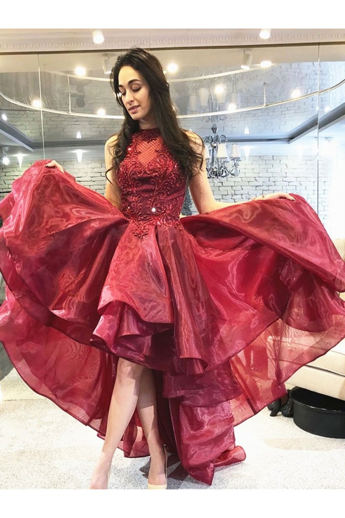 High Low Beaded Lace Appliques Long Prom Dresses Formal Evening Gowns 6011509