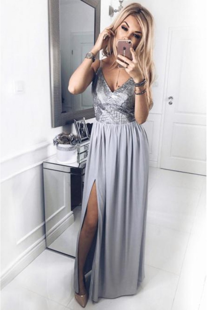 A-Line V-Neck Long Prom Dresses Formal Evening Gowns 6011525