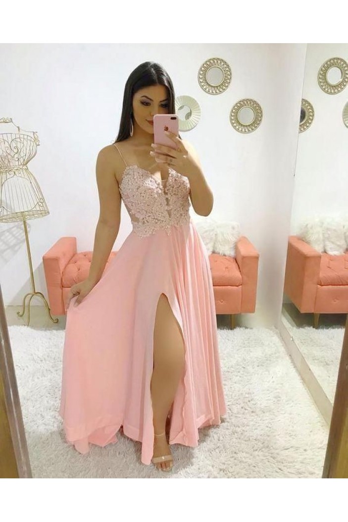 A-Line Chiffon Lace Beaded Long Prom Dresses Formal Evening Gowns 6011545
