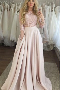 A-Line Lace Satin Two Pieces Long Prom Dresses Formal Evening Gowns 6011577