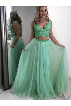 A-Line Beaded Two Pieces Long Prom Dresses Formal Evening Gowns 6011584