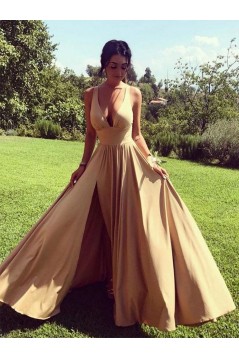 A-Line Simple V-Neck Long Prom Dresses Formal Evening Gowns 6011595