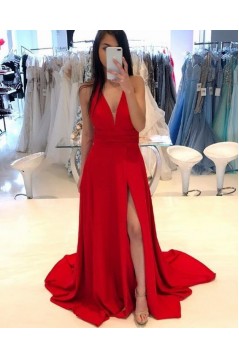 A-Line V-Neck Long Red Prom Dresses Formal Evening Gowns 6011598
