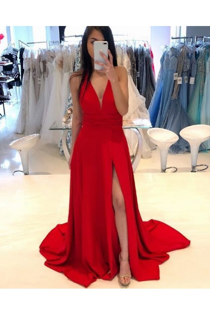 A-Line V-Neck Long Red Prom Dresses Formal Evening Gowns 6011598